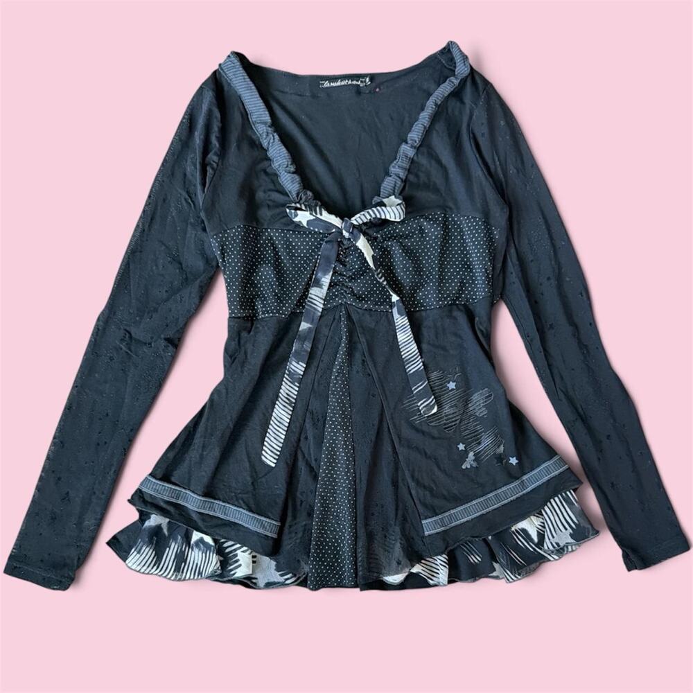 La mode est a vous Black mesh long sleeve babydoll top with white polka dots